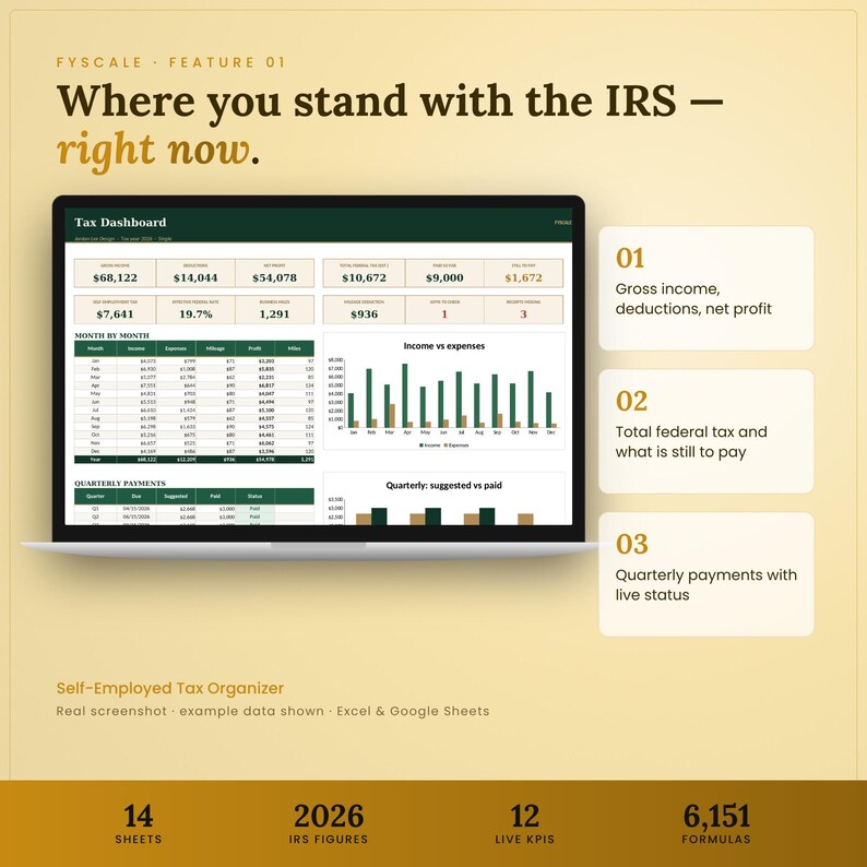 Self employed tax spreadsheet feature – Where you stand with the IRS — right now. Gross income, deductions, net profit; Total federal tax and what is still to pay; Quarterly payments with live status.