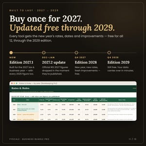 Small business spreadsheet bundle built for 2027, 2028 and 2029: change the year in Setup, free yearly updates through the 2029 edition