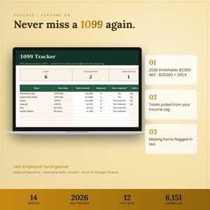 Self employed tax spreadsheet feature – Never miss a 1099 again. 2026 thresholds: $2,000 NEC · $20,000 + 200 K; Totals pulled from your Income Log; Missing forms flagged in red.