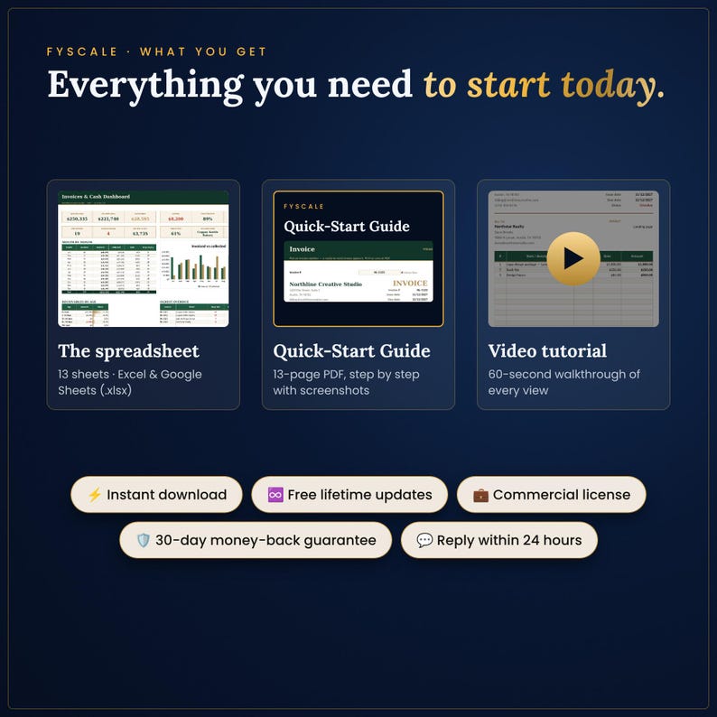 What you get: the invoice tracker spreadsheet (.xlsx for Excel and Google Sheets), a step-by-step Quick-Start Guide PDF and a video tutorial, instant download