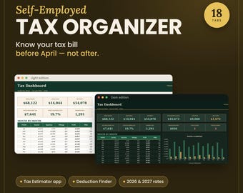 Self Employed Tax Spreadsheet 2026 2027, Deduction Tracker, Schedule C, 1099 Tracker, Quarterly Estimates