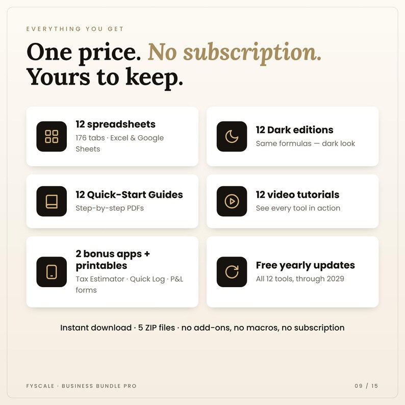 Everything in the small business spreadsheet bundle: 12 Excel and Google Sheets templates, 12 Dark editions, 12 PDF guides, 12 video tutorials, 2 offline bonus apps