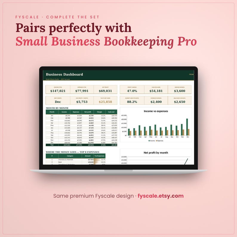 The business expense tracker spreadsheet pairs perfectly with the Fyscale Small Business Bookkeeping Pro for a complete small business system