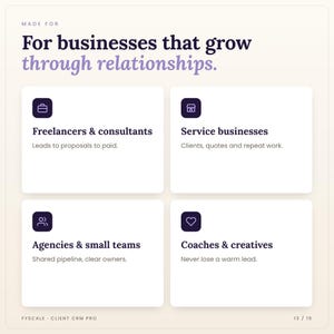 Who the client CRM spreadsheet is for: Freelancers & consultants, Service businesses, Agencies & small teams
