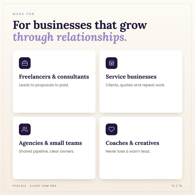 Who the client CRM spreadsheet is for: Freelancers & consultants, Service businesses, Agencies & small teams