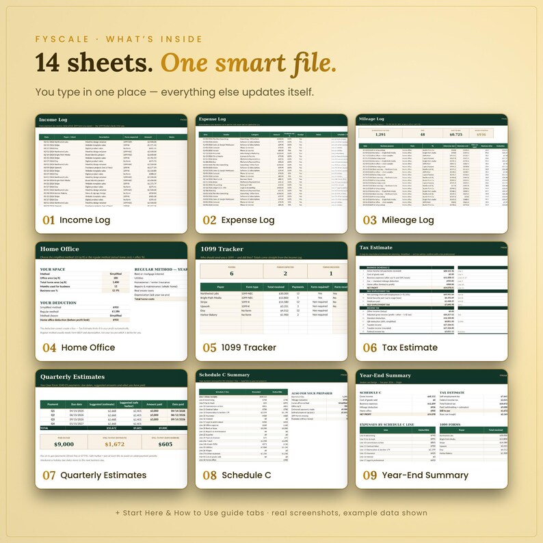 Inside the self employed tax spreadsheet: 14 tabs including Income Log, Expense Log, Mileage Log, Home Office, 1099 Tracker, Tax Estimate, Quarterly Estimates, Schedule C, Year-End Summary