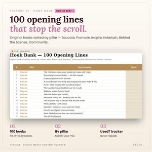 Hook Bank in the social media content planner: Hook Bank tab screenshot. 100 opening lines that stop the scroll