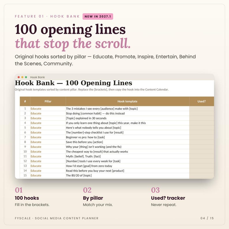 Hook Bank in the social media content planner: Hook Bank tab screenshot. 100 opening lines that stop the scroll