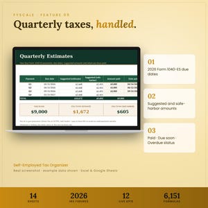 Self employed tax spreadsheet feature – Quarterly taxes, handled. 2026 Form 1040-ES due dates; Suggested and safe-harbor amounts; Paid · Due soon · Overdue status.