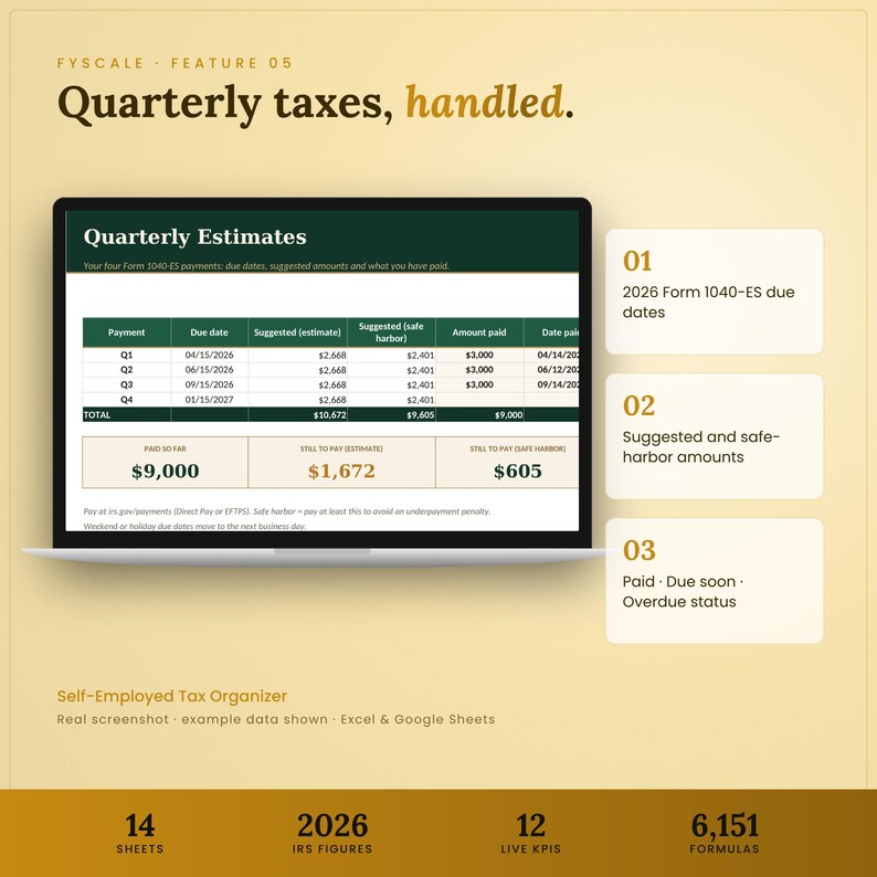 Self employed tax spreadsheet feature – Quarterly taxes, handled. 2026 Form 1040-ES due dates; Suggested and safe-harbor amounts; Paid · Due soon · Overdue status.
