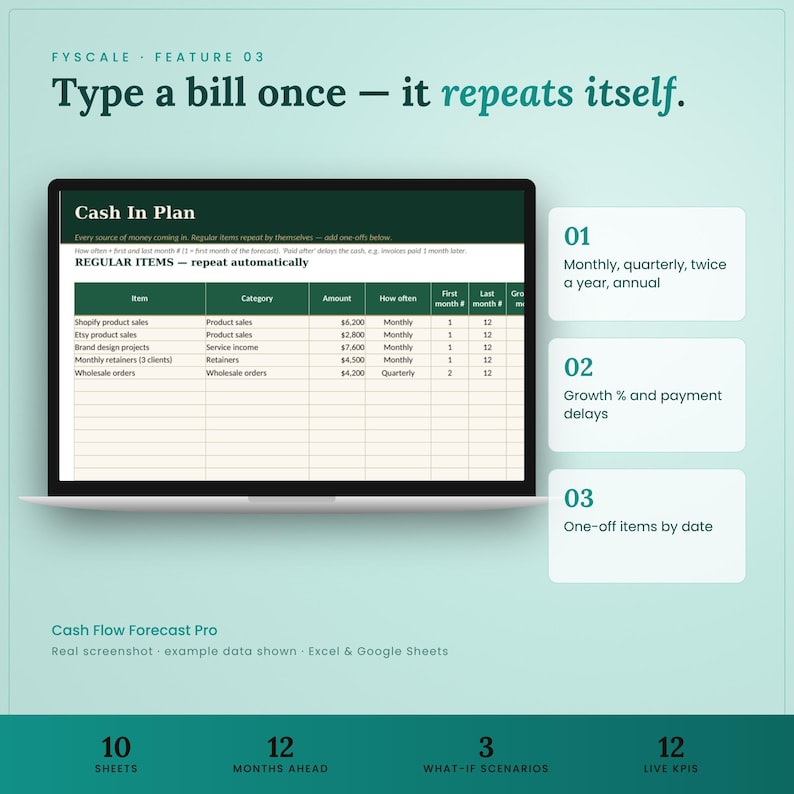 Cash flow forecast spreadsheet feature – Type a bill once — it repeats itself. Monthly, quarterly, twice a year, annual; Growth % and payment delays; One-off items by date.