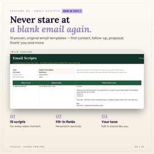 Email scripts in the client CRM spreadsheet: Email Scripts tab screenshot. Never stare at a blank email again