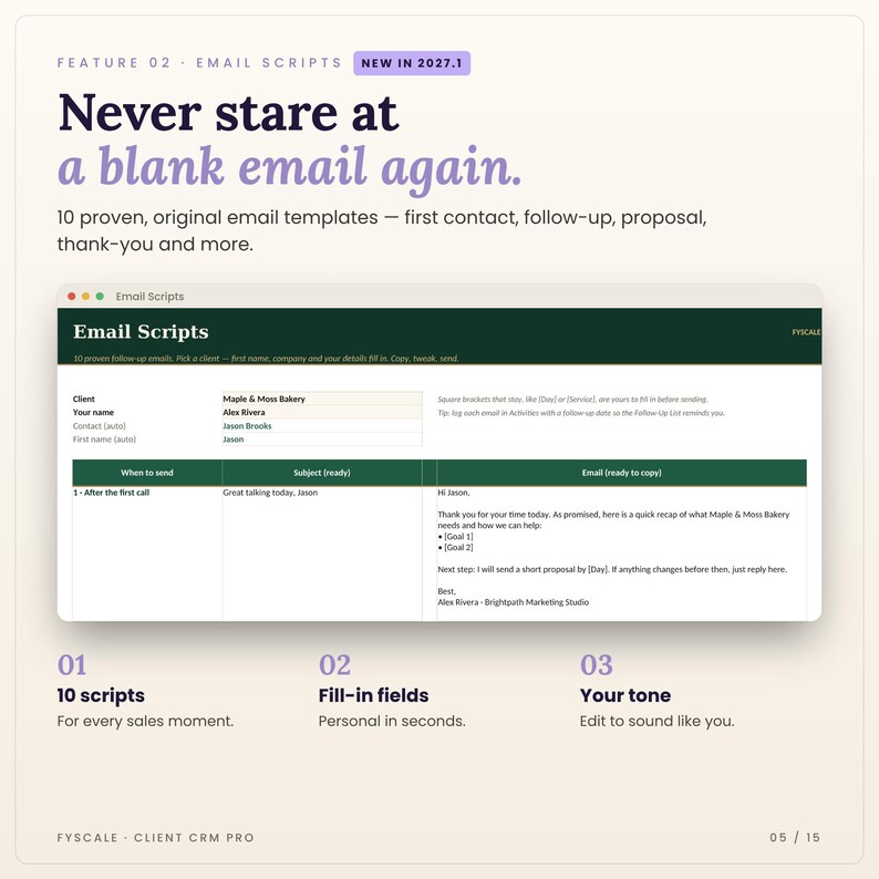 Email scripts in the client CRM spreadsheet: Email Scripts tab screenshot. Never stare at a blank email again