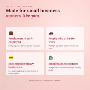 Business expense tracker spreadsheet – who it's for: Freelancers & self-employed, People who drive for work, Subscription-heavy businesses, Small business owners.