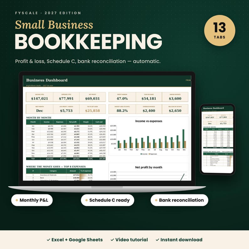 Fyscale Small Business Bookkeeping Pro – small business bookkeeping spreadsheet 2027 for Excel and Google Sheets with 13 tabs, shown on laptop, tablet and phone