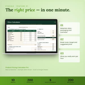 Product pricing calculator spreadsheet feature – The right price — in one minute. Materials, labor, packaging and overhead; Break-even, target and suggested price; What you really earn per hour.