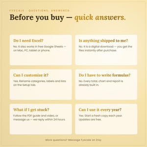 Self-employed tax organizer spreadsheet FAQ – works in free Google Sheets and Excel on Mac and PC, instant digital download, customizable Setup tab, no formulas to write.