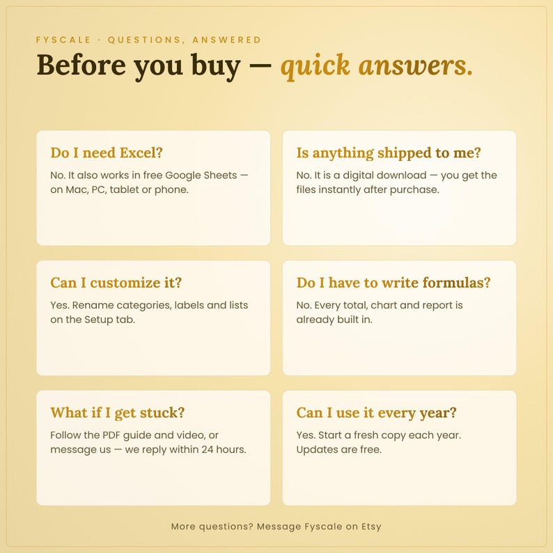 Self-employed tax organizer spreadsheet FAQ – works in free Google Sheets and Excel on Mac and PC, instant digital download, customizable Setup tab, no formulas to write.