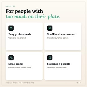 Who the task tracker spreadsheet is for: Busy professionals, Small business owners, Small teams