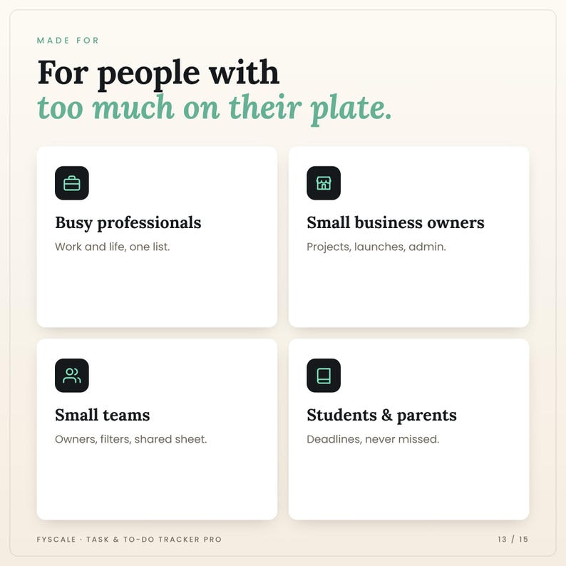Who the task tracker spreadsheet is for: Busy professionals, Small business owners, Small teams