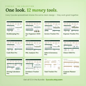 Fyscale collection of 12 small business spreadsheet templates – bookkeeping, tax, invoice, expense, cash flow, P&L, inventory, CRM, pricing, freelance, task and content planner.
