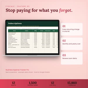 Business expense tracker spreadsheet feature – Stop paying for what you forgot. Every recurring charge in one list; Monthly and yearly cost; Renews soon alerts.