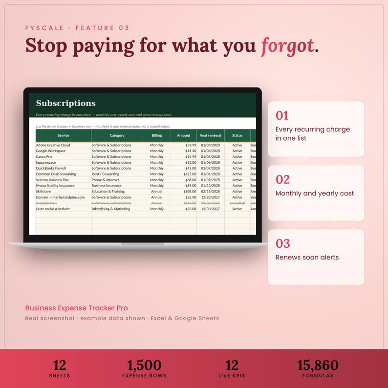 Business expense tracker spreadsheet feature – Stop paying for what you forgot. Every recurring charge in one list; Monthly and yearly cost; Renews soon alerts.