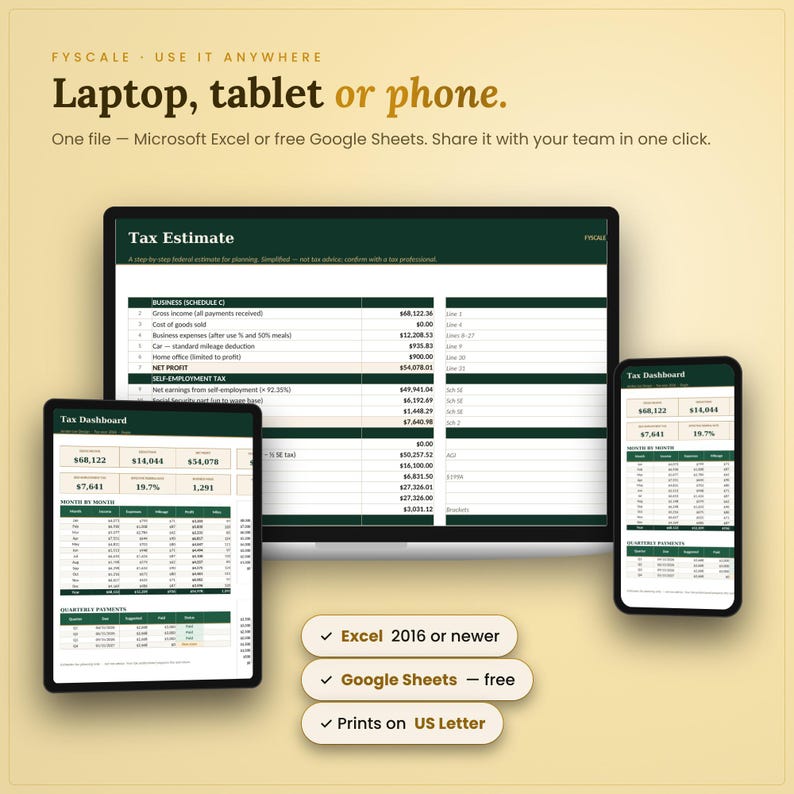 The self employed tax spreadsheet works in Microsoft Excel and free Google Sheets on laptop, tablet and phone, with instant digital download