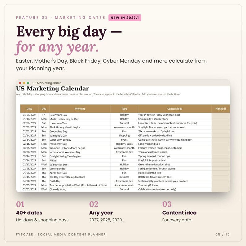 Marketing dates in the social media content planner: US Marketing Dates tab screenshot. Every big day — for any year