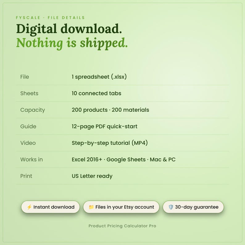 Product pricing calculator spreadsheet file details – digital download, nothing is shipped. File: 1 spreadsheet (.xlsx); Sheets: 10 connected tabs; Capacity: 200 products · 200 materials; Guide: 12-page PDF quick-start; video tutorial; Excel 2016+ and Google Sheets; US Letter print.