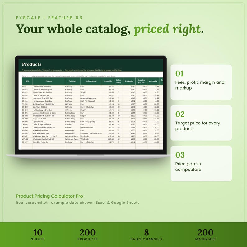 Product pricing calculator spreadsheet feature – Your whole catalog, priced right. Fees, profit, margin and markup; Target price for every product; Price gap vs competitors.