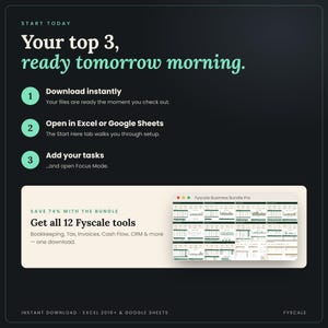Instant download task tracker spreadsheet, start in 10 minutes. Also available in the Fyscale Small Business Spreadsheet Bundle with 12 tools