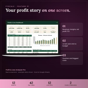 Profit and loss spreadsheet feature – Your profit story on one screen. Revenue, margins, net profit YTD; vs last year and vs budget; Quarters and biggest costs.