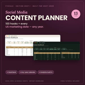 Social Media Planner 2027, Content Calendar Template, Content Planner, Instagram TikTok, Google Sheets Excel