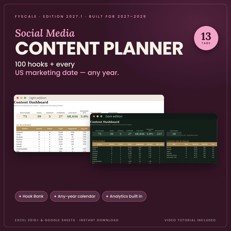 Social media content planner 2027 by Fyscale: Social Media Content Planner dashboard in light and dark mode, 13 tabs, works in Google Sheets and Excel, instant download
