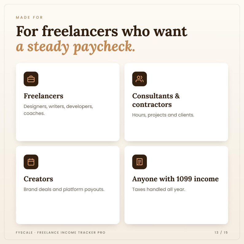 Who the freelance income tracker spreadsheet is for: Freelancers, Consultants & contractors, Creators