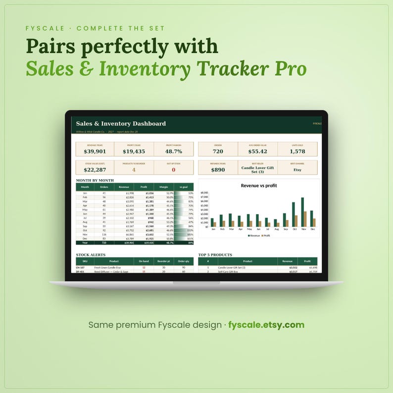 The product pricing calculator spreadsheet pairs perfectly with the Fyscale Sales & Inventory Tracker Pro for a complete small business system
