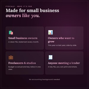 Profit and loss spreadsheet – who it's for: Small business owners, Owners who want to grow, Freelancers & studios, Anyone meeting a lender.