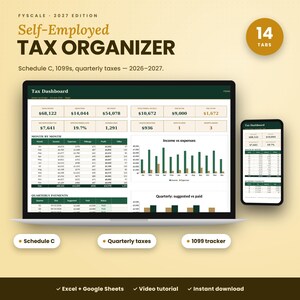 Fyscale Self-Employed Tax Organizer – self employed tax spreadsheet 2026-2027 for Excel and Google Sheets with 14 tabs, shown on laptop, tablet and phone
