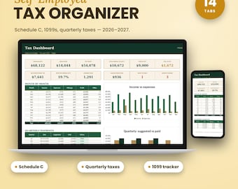 Self Employed Tax Spreadsheet 2026 2027, Deduction Tracker, Schedule C, 1099 Tracker, Quarterly Estimates