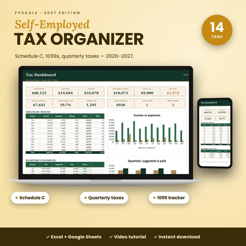 Fyscale Self-Employed Tax Organizer – self employed tax spreadsheet 2026-2027 for Excel and Google Sheets with 14 tabs, shown on laptop, tablet and phone