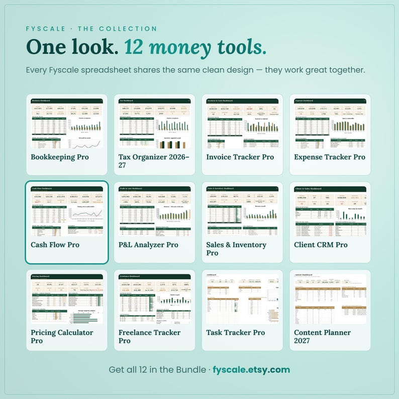 Fyscale collection of 12 small business spreadsheet templates – bookkeeping, tax, invoice, expense, cash flow, P&L, inventory, CRM, pricing, freelance, task and content planner.