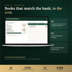 Small business bookkeeping spreadsheet feature – Books that match the bank, to the cent. 3 inputs: account, date, statement balance; See the difference instantly; Every uncleared item listed for you.