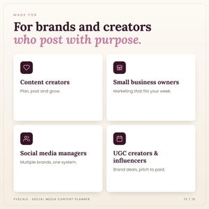 Who the social media content planner is for: Content creators, Small business owners, Social media managers