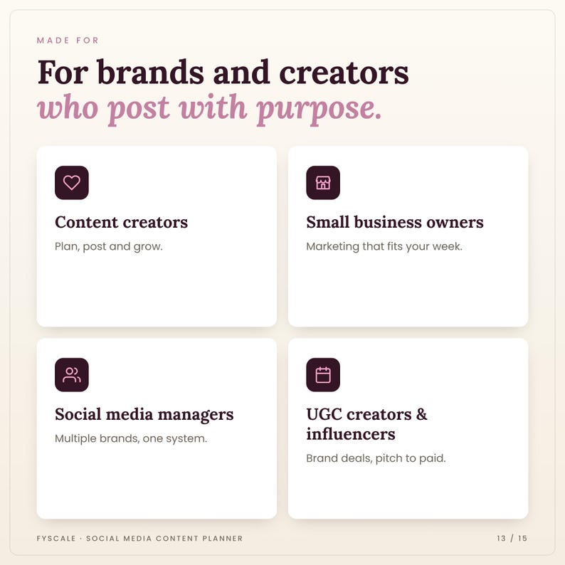 Who the social media content planner is for: Content creators, Small business owners, Social media managers
