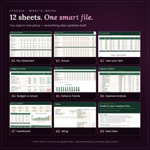 Inside the profit and loss spreadsheet: 12 tabs including P&L Statement, Actual, Year over Year, Budget vs Actual, Ratios & Trends, Expense Analysis, Dashboard, Setup, Start Here