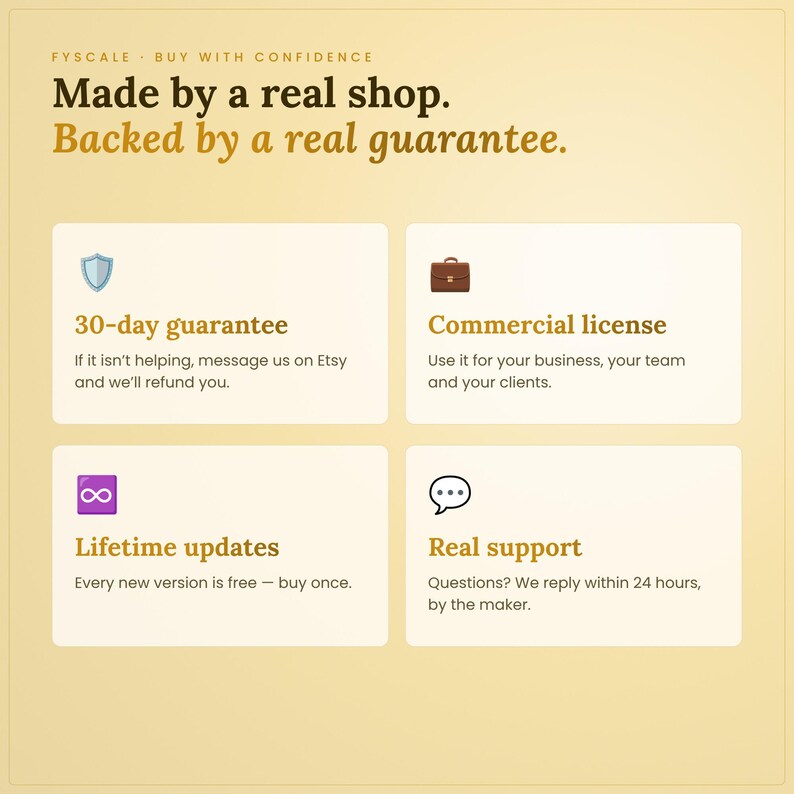 Fyscale guarantee: 30-day money-back promise, commercial license for your business, lifetime updates and real support within 24 hours