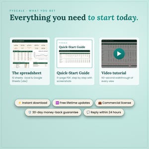 What you get: the cash flow forecast spreadsheet (.xlsx for Excel and Google Sheets), a step-by-step Quick-Start Guide PDF and a video tutorial, instant download