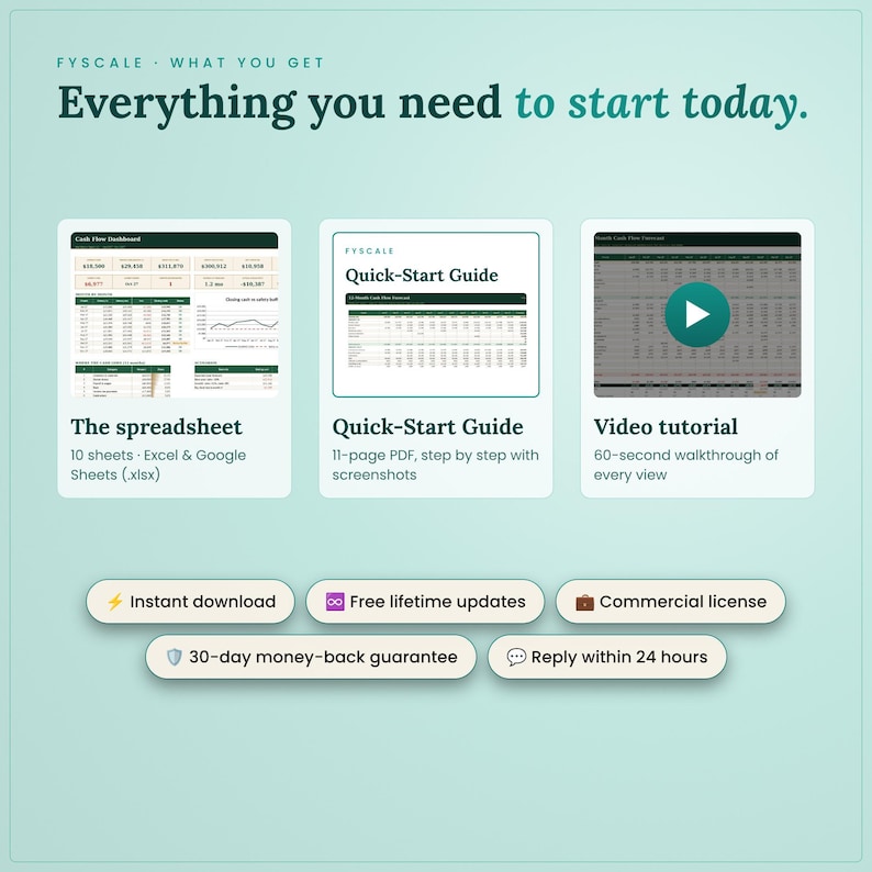 What you get: the cash flow forecast spreadsheet (.xlsx for Excel and Google Sheets), a step-by-step Quick-Start Guide PDF and a video tutorial, instant download