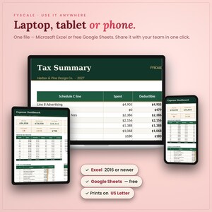 The business expense tracker spreadsheet works in Microsoft Excel and free Google Sheets on laptop, tablet and phone, with instant digital download